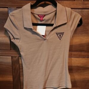 Guess Browm Fitted Ribbed Polo Short Sleeve Tee Sz Small